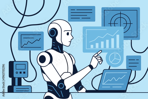 Futuristic AI robot analyzing data on multiple screens in a modern lab setting
