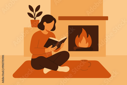 Cozy evening reading by the fireplace with a warm drink and a plant