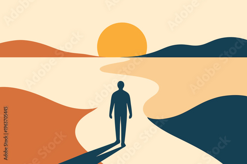 Lone figure walks a winding path towards a bright sunrise over abstract hills
