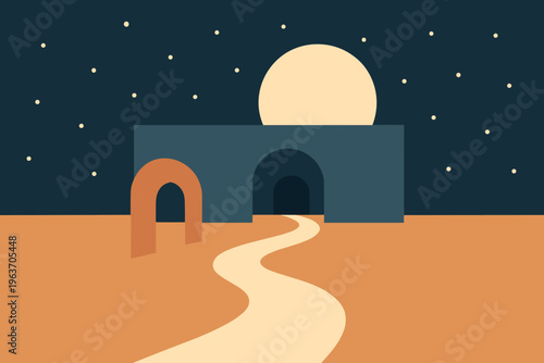 Abstract minimalist landscape with moonlit pathways and starry night sky