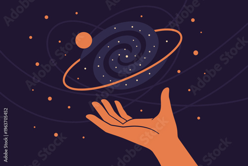 Hand holding a swirling galaxy with stars and orbiting planets in deep space