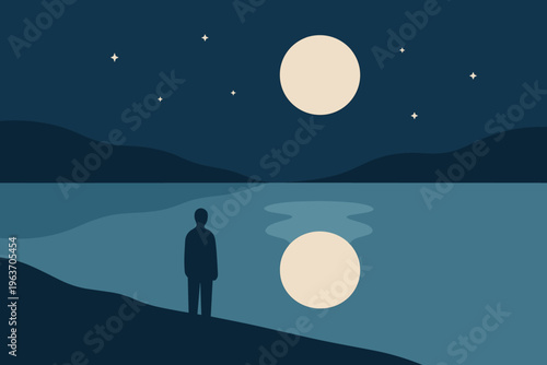 Solitary figure gazes at moonlit lake under a starry night sky