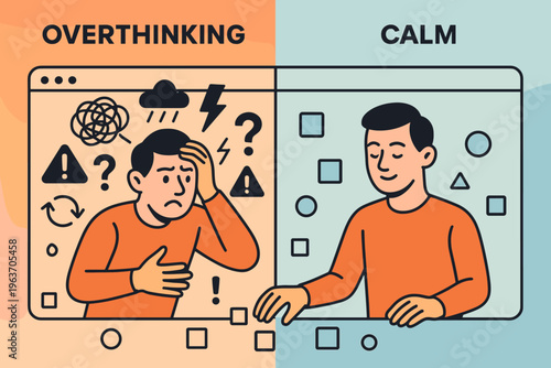Overthinking versus calm mind, a visual representation of mental states