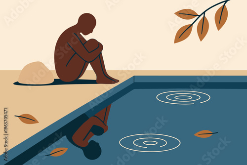 Solitary figure contemplates reflection in water, symbolizing introspection and stillness