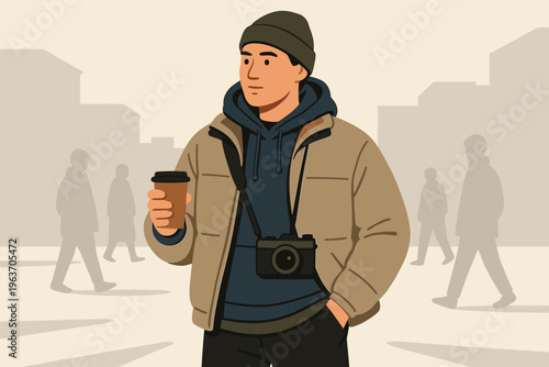Young man in beanie and puffer jacket holding coffee with camera around his neck
