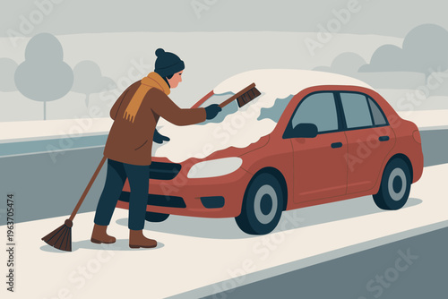 Person clearing snow from a car windshield with a brush and broom on a winter day