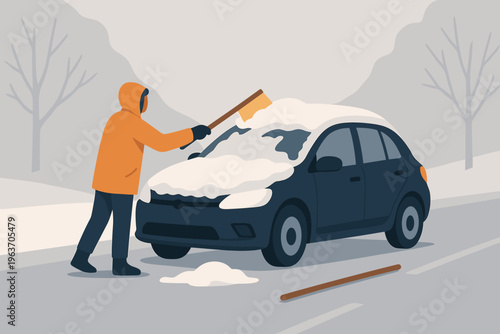 Person clearing snow from car windshield with a brush during winter snowfall