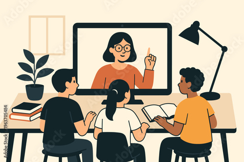 Children participate in a remote teaching session with their instructor on a computer screen