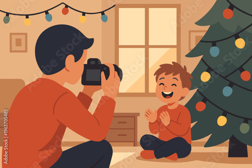 Father taking a photo of his happy son near a decorated Christmas tree at home