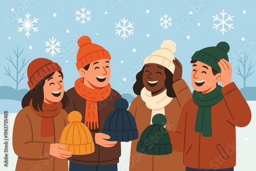 Diverse friends happily choosing winter hats during a snowy day outing