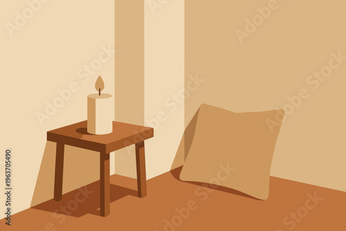 Minimalist still life with a lit candle on a wooden stool and a cushion