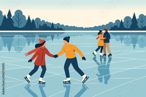 Couples enjoy ice skating on a frozen lake surrounded by winter forest scenery