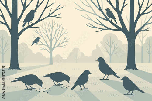 Silhouettes of birds gathered in a park during autumn or winter