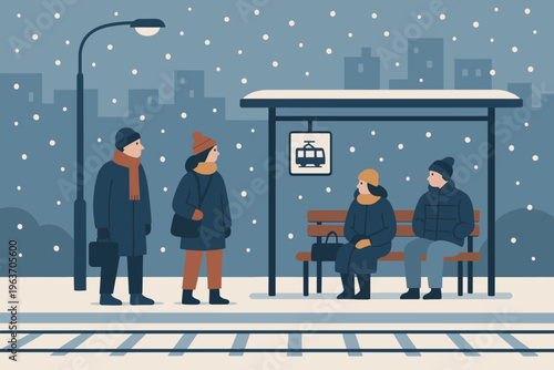 People waiting at a snowy tram stop in a city during winter