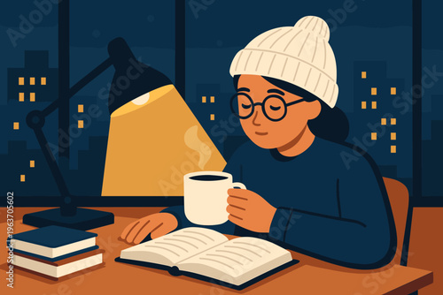 Cozy night study session with a warm drink and a good book