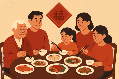 Multi-generational family enjoys a festive Lunar New Year reunion dinner together
