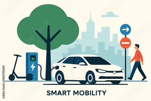 Electric car charging station with scooter and pedestrian in a modern city