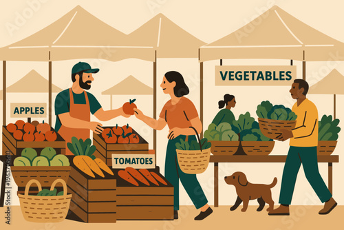 Diverse shoppers enjoy fresh produce at a vibrant outdoor farmer's market