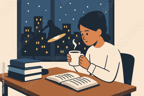 Young woman studying late at night with a cup of coffee and books