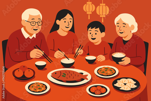 Family enjoys a traditional Lunar New Year feast with delicious food and festive decorations