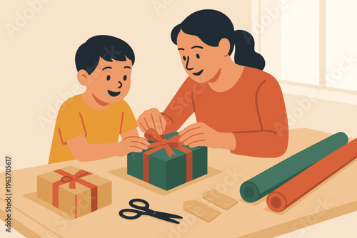 Mother and son happily wrapping gifts together for a special occasion