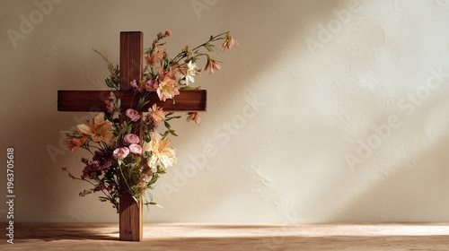 Christian cross with floral arrangement and natural copy space