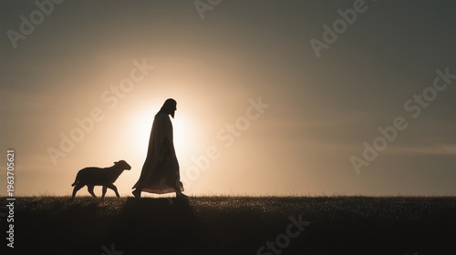 Silhouette of Jesus Christ with lamb at sunset for Easter concept
