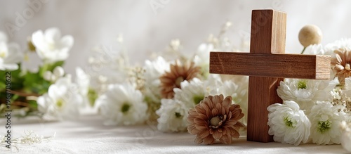 Wooden cross with flowers on soft background for Easter