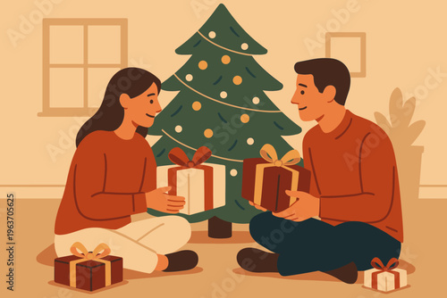 Couple exchanging Christmas gifts by a decorated tree, celebrating the holidays together