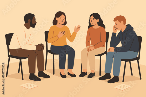 Diverse group of people in therapy session sharing feelings and experiences