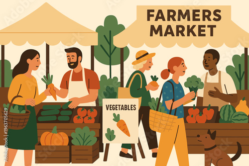 Diverse shoppers browse fresh produce stalls at a vibrant farmers market scene