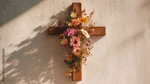 Wooden cross with colorful flowers on textured wall