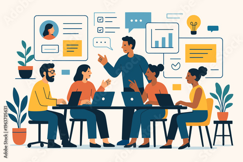 Diverse team collaborating on a project using laptops and digital interfaces