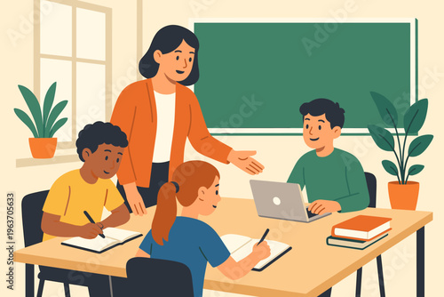 Teacher guiding diverse students in a modern classroom with laptops and books