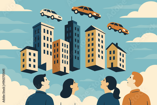 People looking up at floating buildings and cars in a surreal urban landscape