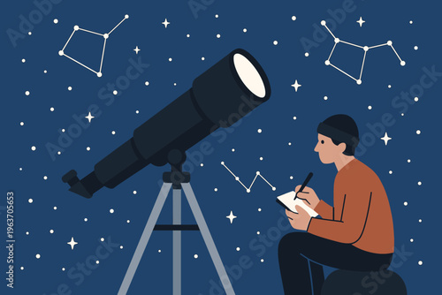 Person observing constellations through a telescope and taking notes