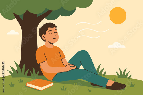 Young man relaxing peacefully under a tree on a sunny day with a book nearby