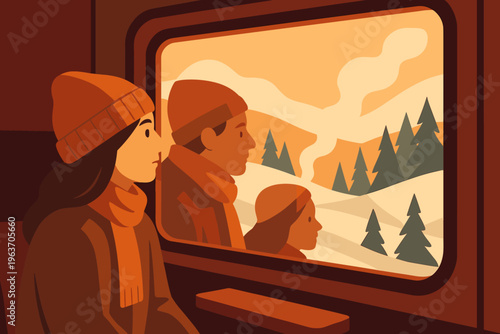 Family enjoys scenic winter train journey through snowy, forested landscape