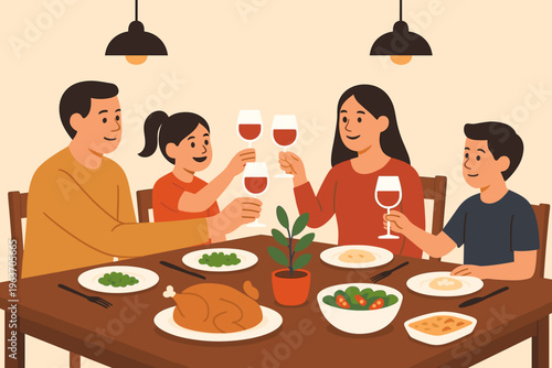 Family enjoying a festive dinner together, raising glasses for a toast