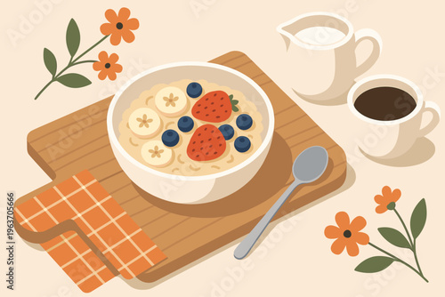 Healthy oatmeal breakfast with fresh fruits and coffee on a wooden board