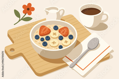 Healthy breakfast bowl with oatmeal, fresh fruits, and coffee on a wooden board