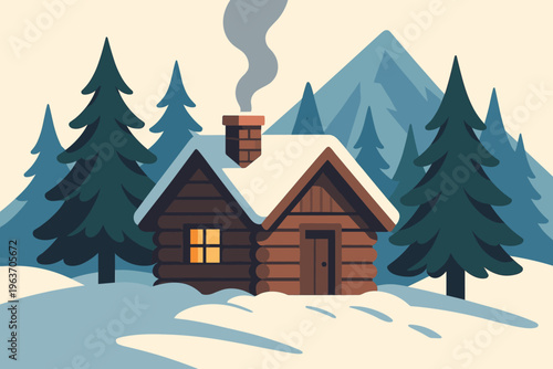 Cozy wooden cabin nestled in a snowy forest with smoke rising from chimney