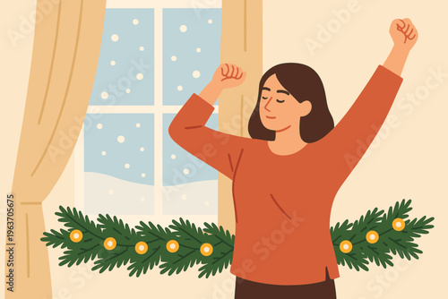 Woman stretching by window with snow and festive garland, feeling refreshed