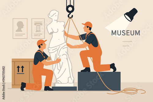 Museum workers carefully install a classical sculpture using a crane and ropes