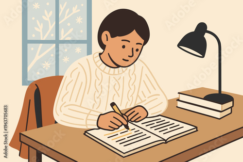 Cozy study corner illustration with a person writing by lamplight on a winter day