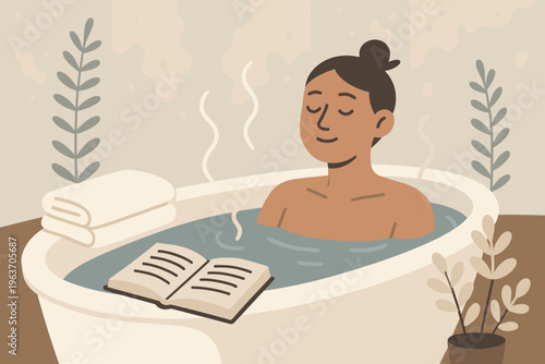 Woman relaxing in a steamy bathtub with a book and towels, enjoying a quiet moment