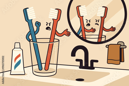 Two angry toothbrushes arguing in a bathroom sink reflected in the mirror