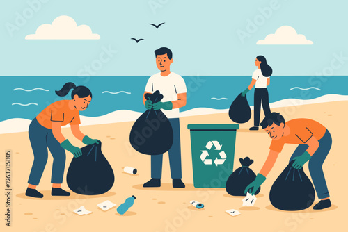 Diverse volunteers cleaning up a sandy beach, collecting trash into bags