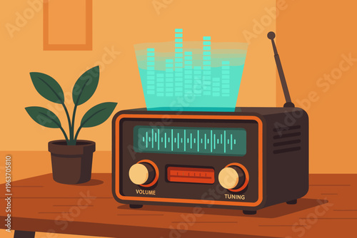 Retro futurism radio with holographic equalizer and potted plant on table