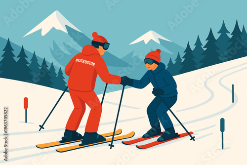 Ski instructor helps beginner skier on snowy mountain slope during lesson